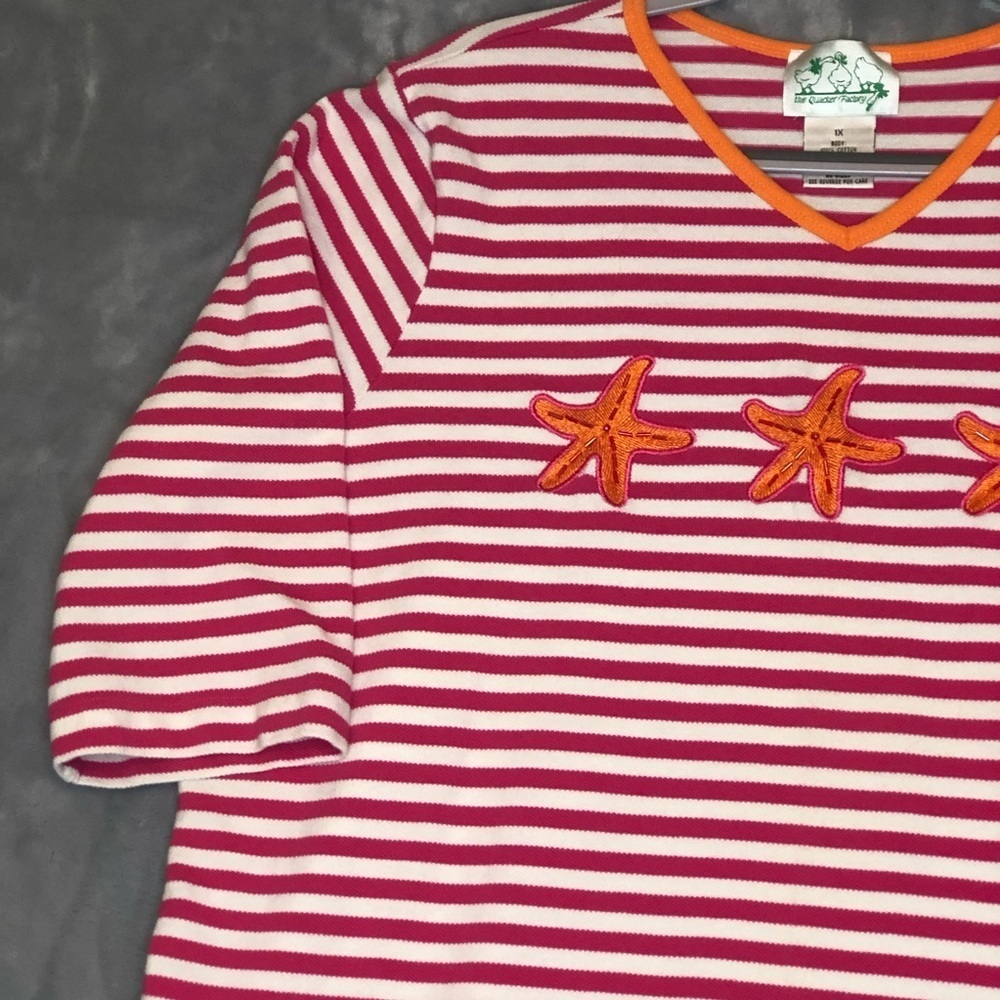 The Quacker Factor Women's 3/4 Sleeve Starfish Pink/White/Orange Size 1X - Picture 3 of 10